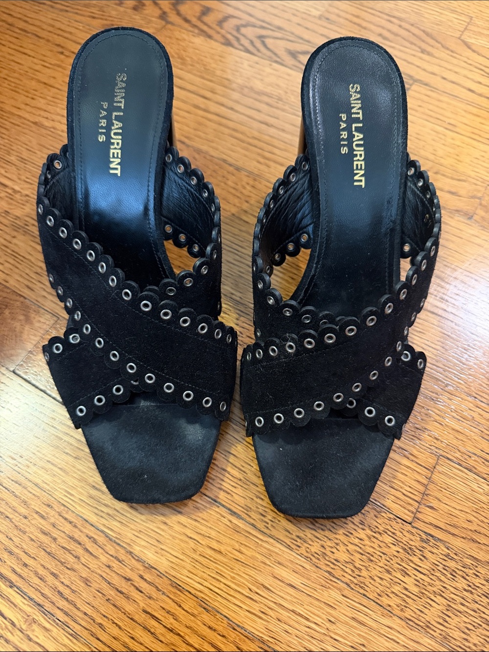 Saint Laurent Black Suede Eyelet Mule Slides